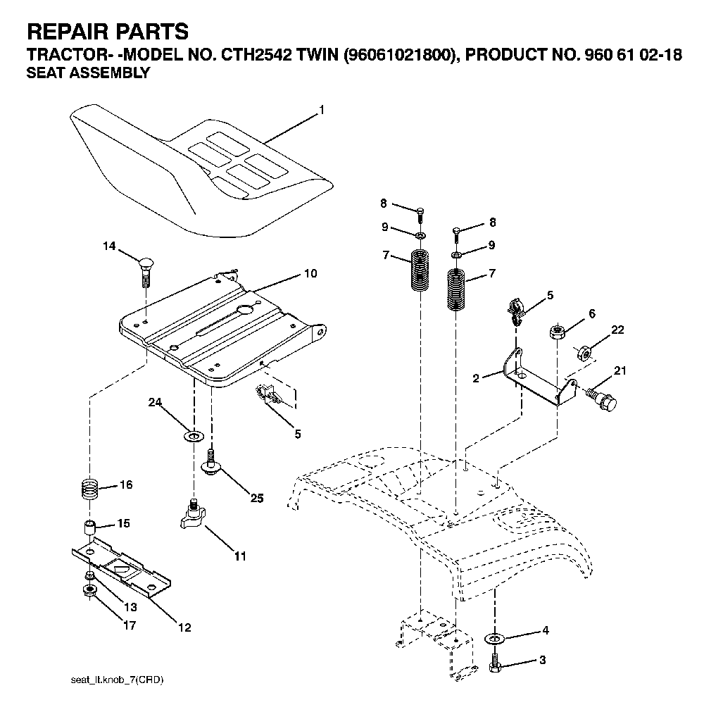 Seat Diagram and Parts List for CTH2542TWIN (96061021800, 960610218)(2007-04) Husqvarna Lawn Tractor