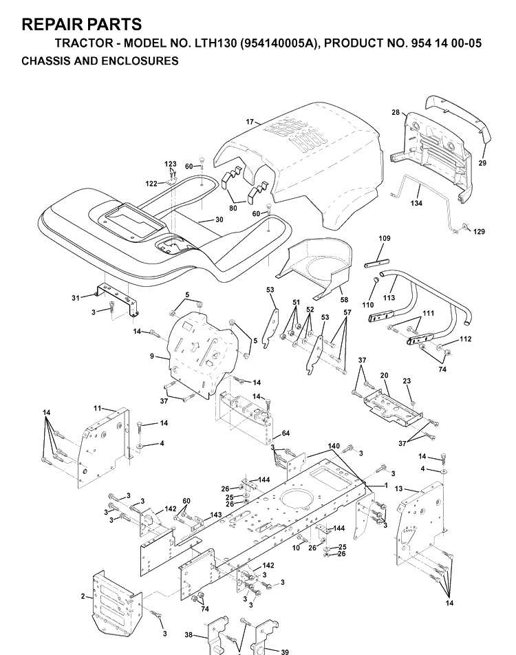 Chassis And Enclosures Diagram and Parts List for LTH130 (954140005A)(1997-01) Husqvarna Lawn Tractor