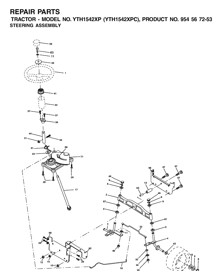 Steering Diagram and Parts List for YTH1542XP (954567253)(2001-12) Husqvarna Lawn Tractor