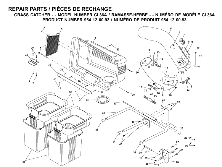 Bagger Diagram and Parts List for 954120093 2001-03 Husqvarna Lawn Tractor Accessories