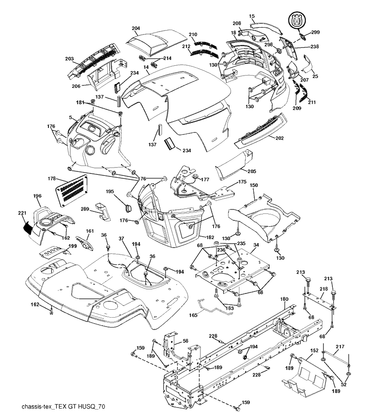 Chassis And Enclosures Diagram and Parts List for YTH150 (96041002103)(2009-10) Husqvarna Lawn Tractor