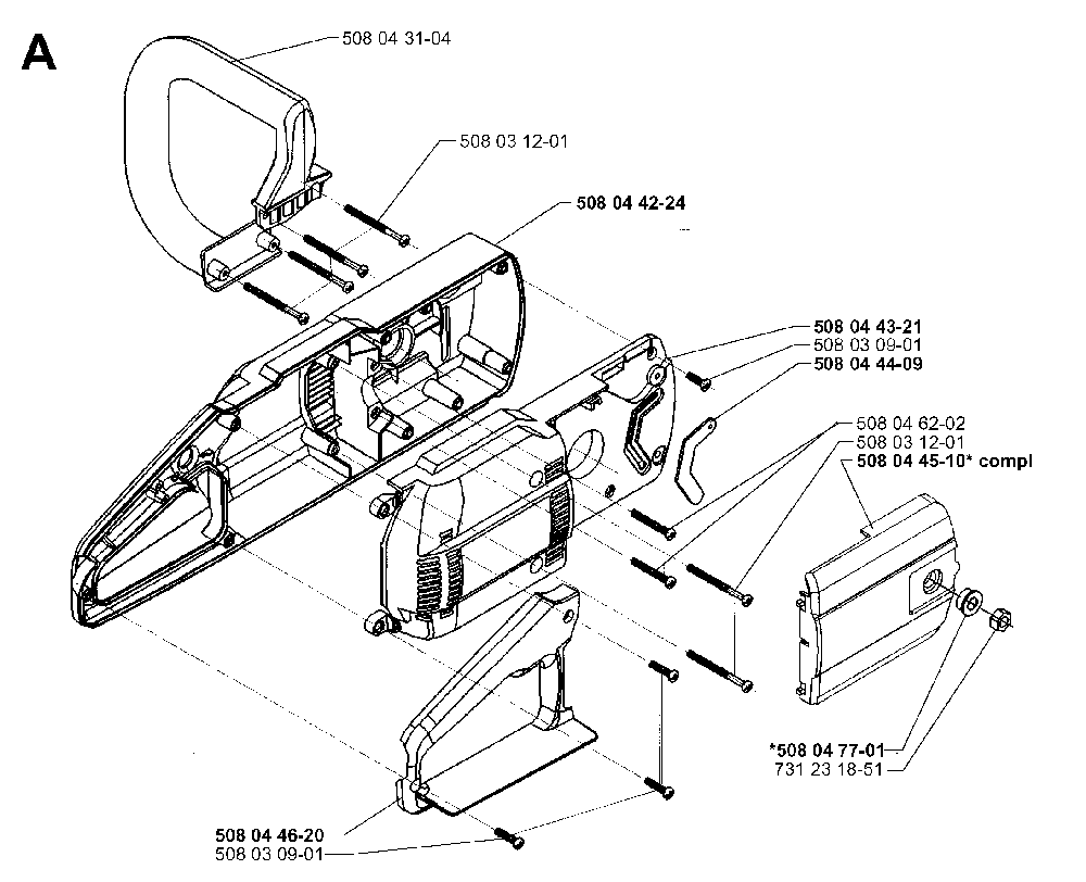 Chassis / Frame Diagram and Parts List for 16000 19984000001 Husqvarna Chainsaw