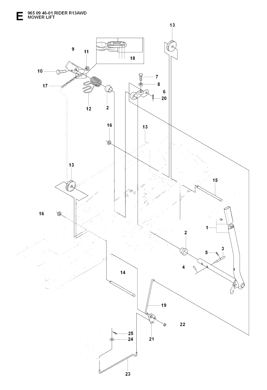 Mower Lift / Deck Lift Diagram and Parts List for R13AWD (965094601)(2007-01) Husqvarna Lawn Tractor