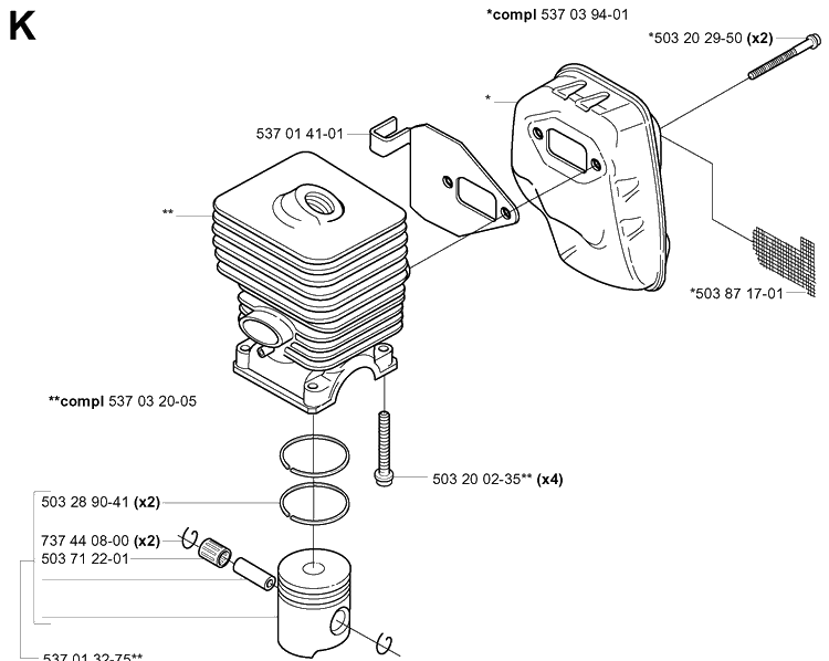 Cylinder, Piston And Muffler Diagram and Parts List for 325HA850 20040100001-20050600000 Husqvarna Hedge Trimmer