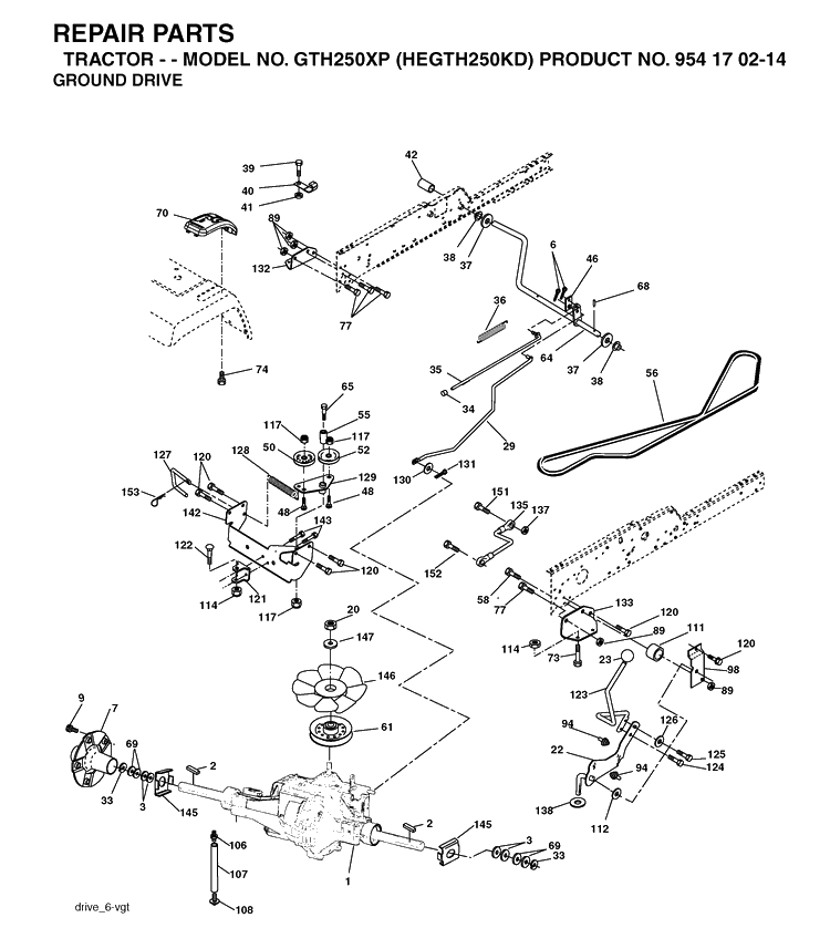 Drive Diagram and Parts List for GTH250XP (HEGTH250KD)(2004-09) Husqvarna Lawn Tractor