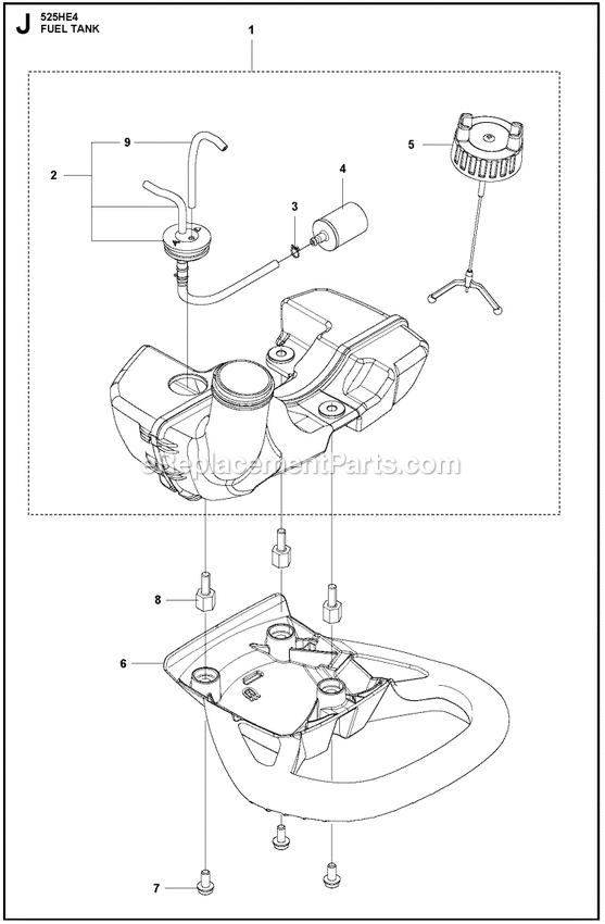 Fuel Tank Diagram and Parts List for 525HE4  Husqvarna Trimmer