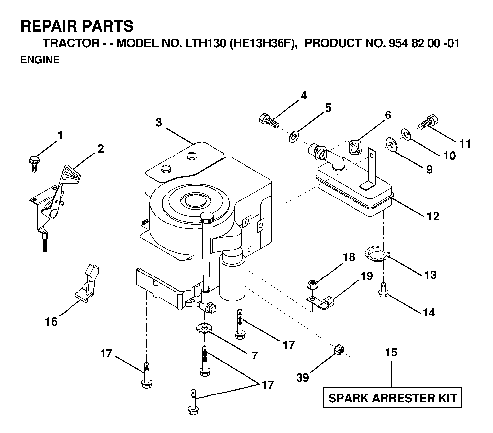 Engine And Cutting Equipment Diagram and Parts List for LTH130 (HE13H36F, 954820001)(1998-12) Husqvarna Lawn Tractor