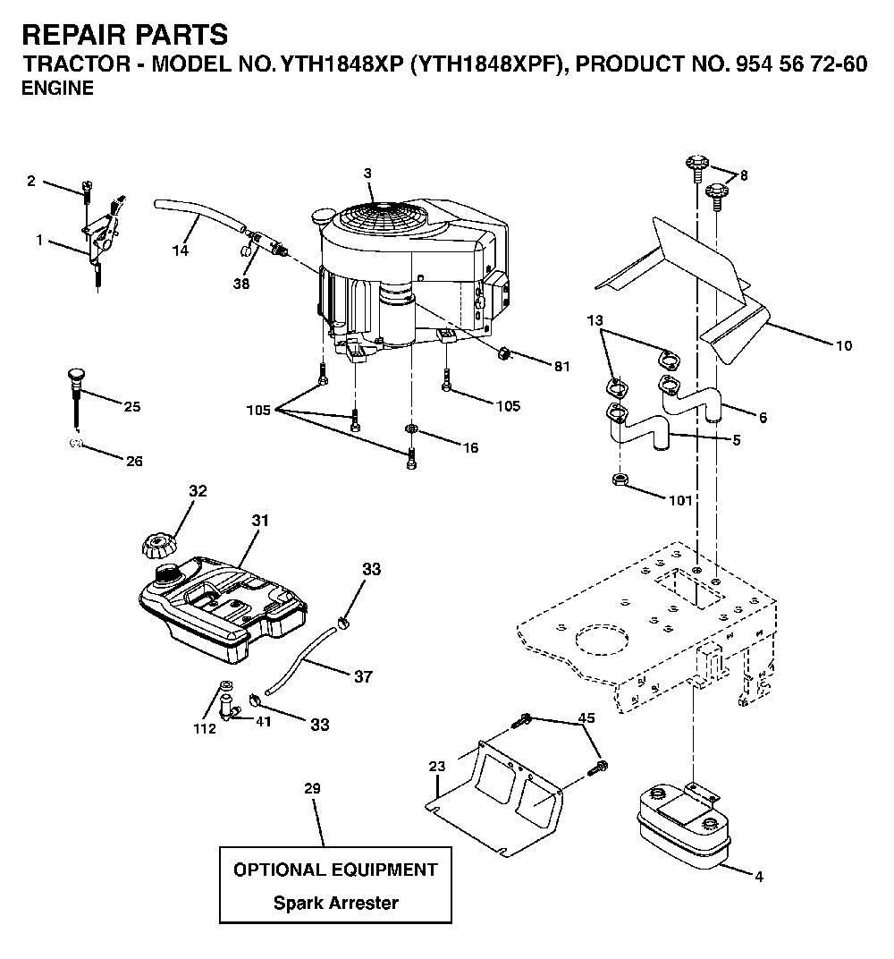 Engine Diagram and Parts List for YTH1848XPF (954567260)(2003-06) Husqvarna Lawn Tractor
