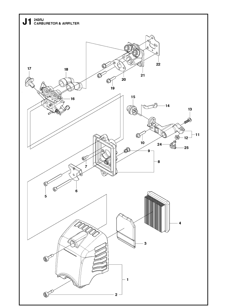Carburetor And Air Filter Diagram and Parts List for 243RJ 20121000001-20182200000 Husqvarna Brush Cutter