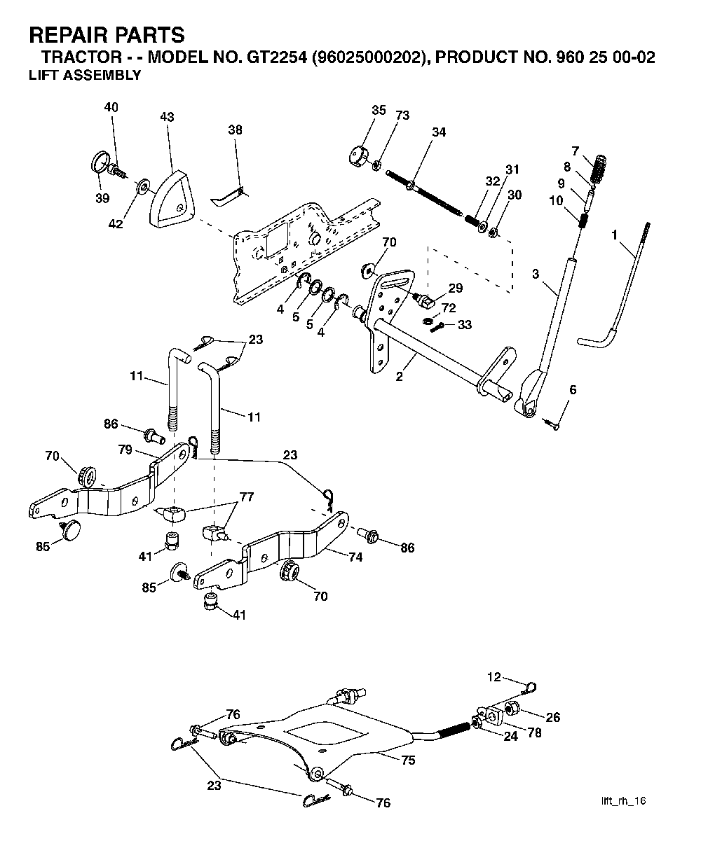 Mower Lift / Deck Lift Diagram and Parts List for GT2254 (96025000202)(2005-06) Husqvarna Lawn Tractor
