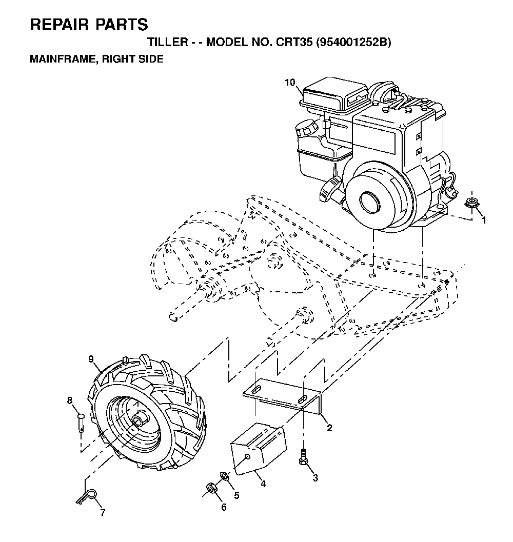 Mainframe, Right Side Diagram and Parts List for CRT35 (954001252B)(1995-03) Husqvarna Tiller