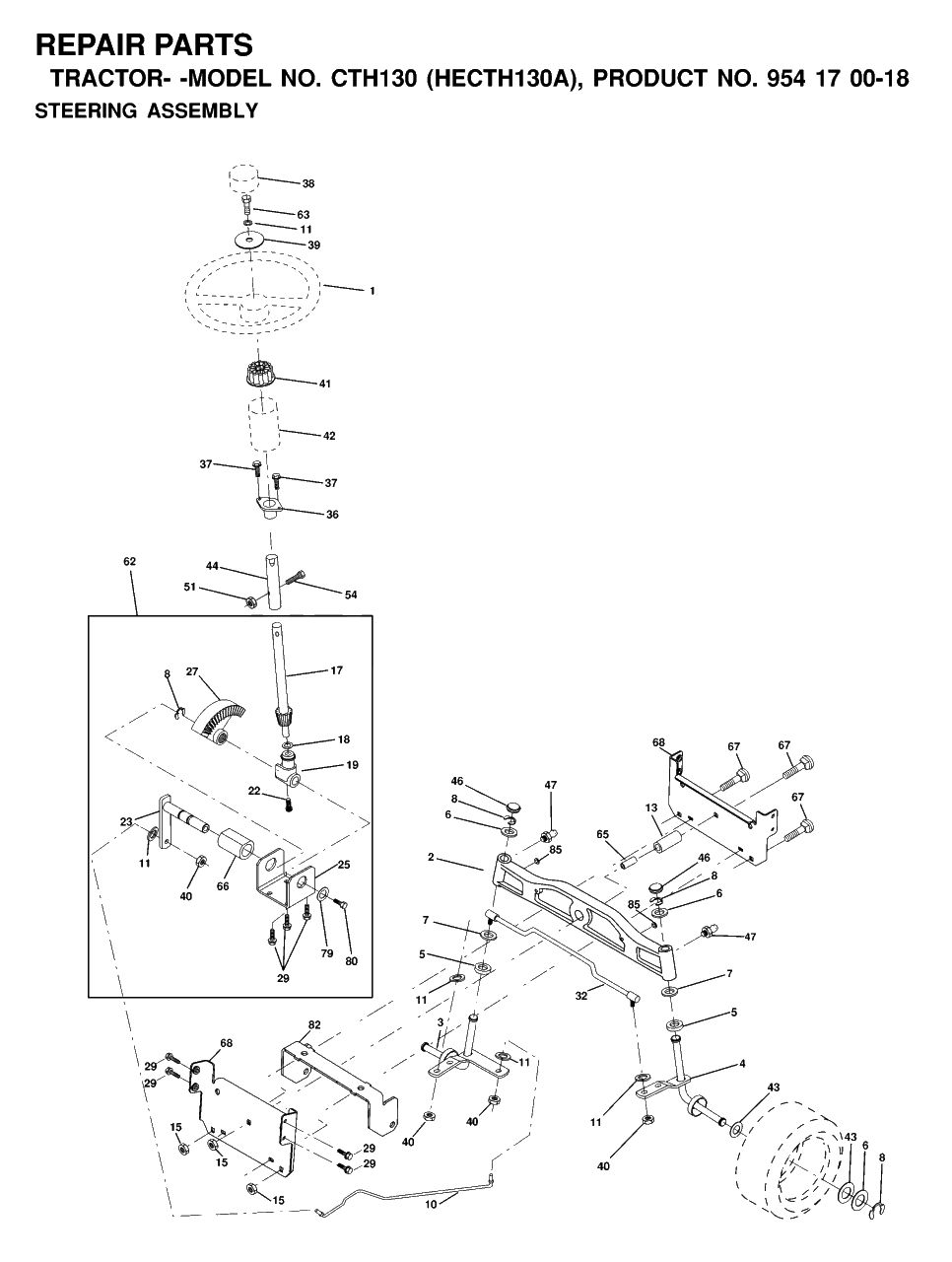 Steering Diagram and Parts List for CTH130 (954170018-A)(2000-03) Husqvarna Lawn Tractor