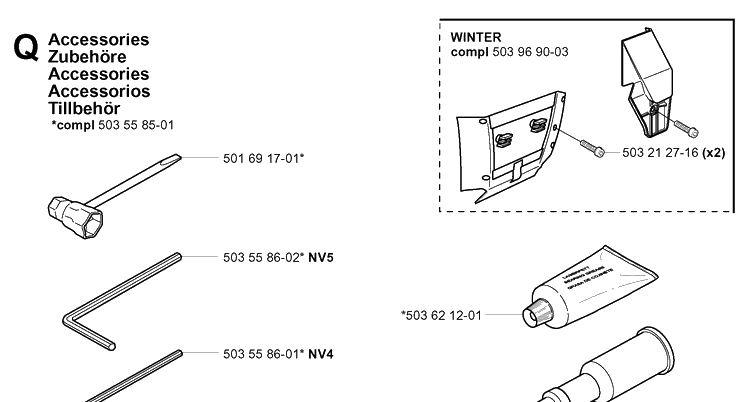 Accessories Diagram and Parts List for 365 20051800001-20070900000 Husqvarna Chainsaw