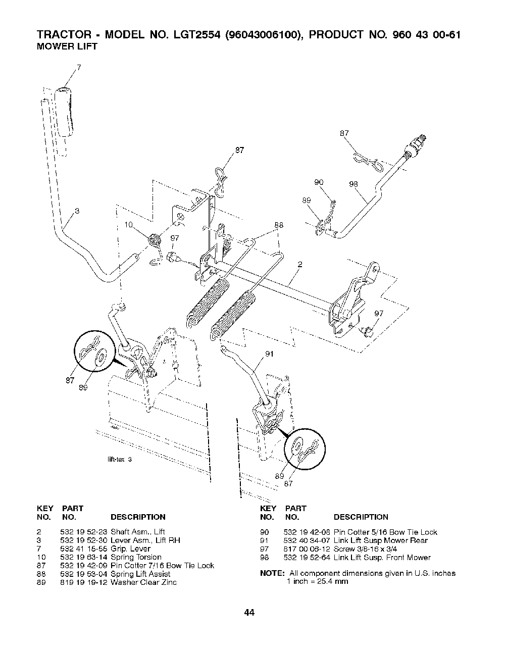 Mower Lift / Deck Lift Diagram and Parts List for LGT255496043006100 2008-12 Husqvarna Lawn Tractor