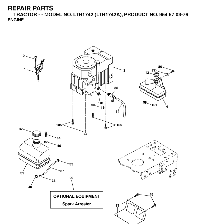 Engine Diagram and Parts List for LTH1742-LTH1742A 2002-11 Husqvarna Lawn Tractor