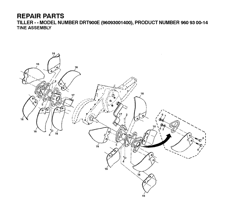 Tine Assembly Diagram and Parts List for DRT900E (96093001401)(2010-10) Husqvarna Cultivator