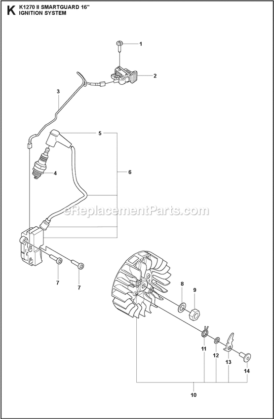 Ignition System Diagram and Parts List for K1270II  Husqvarna Concrete Saw