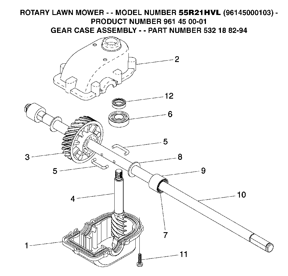 Gear Case Diagram and Parts List for 55R21HVL (96145000103, 532188294)(2005-01) Husqvarna Lawn Mower