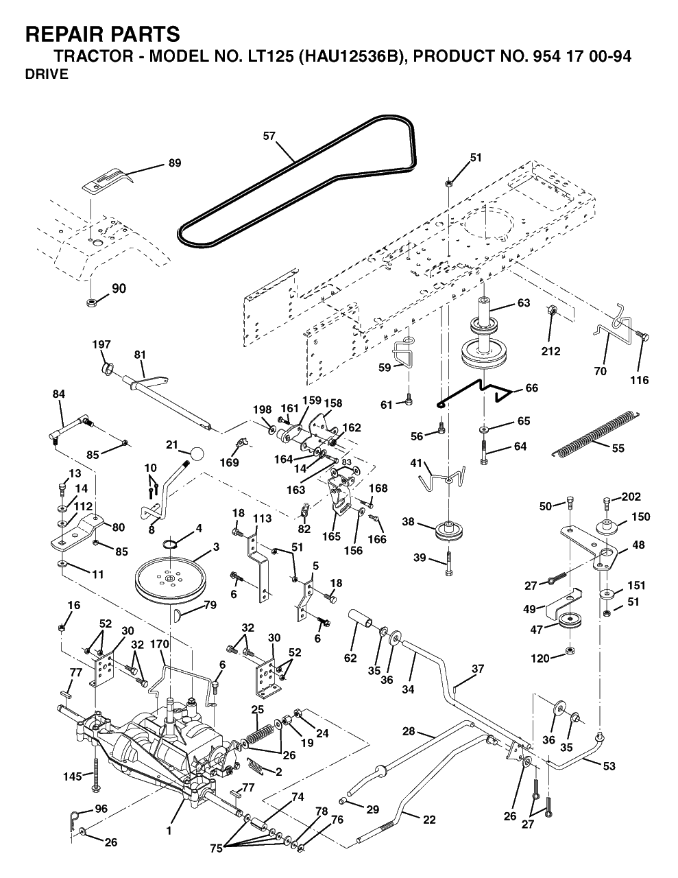 Drive Diagram and Parts List for LT125 (954170094-B)(2003-01) Husqvarna Lawn Tractor