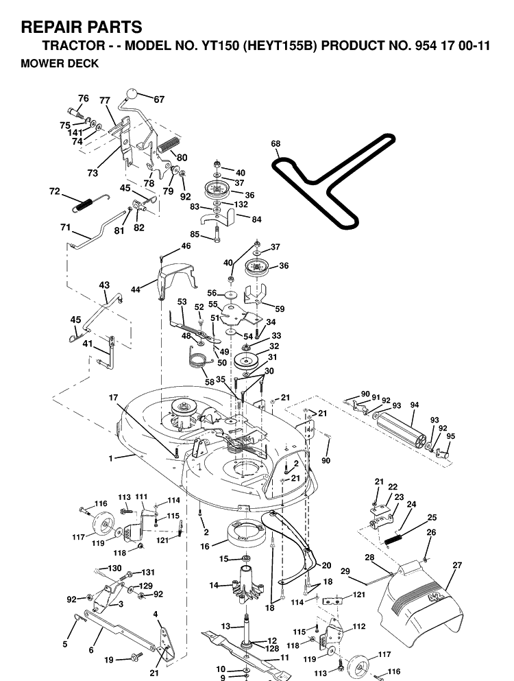 Mower Deck / Cutting Deck Diagram and Parts List for YT150 (HEYT155B)(1998-12) Husqvarna Lawn Tractor