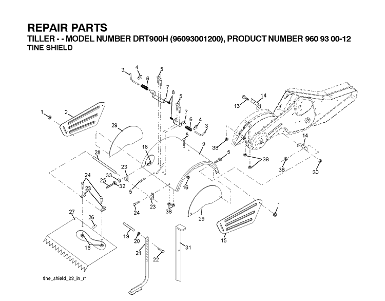 Tine Shield Diagram and Parts List for DRT900H (96093001201)(2010-10) Husqvarna Cultivator