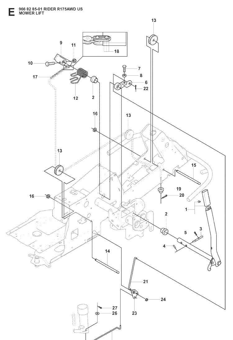 Mower Lift / Deck Lift Diagram and Parts List for RIDER175 (966828501)(2008-05) Husqvarna Lawn Mower