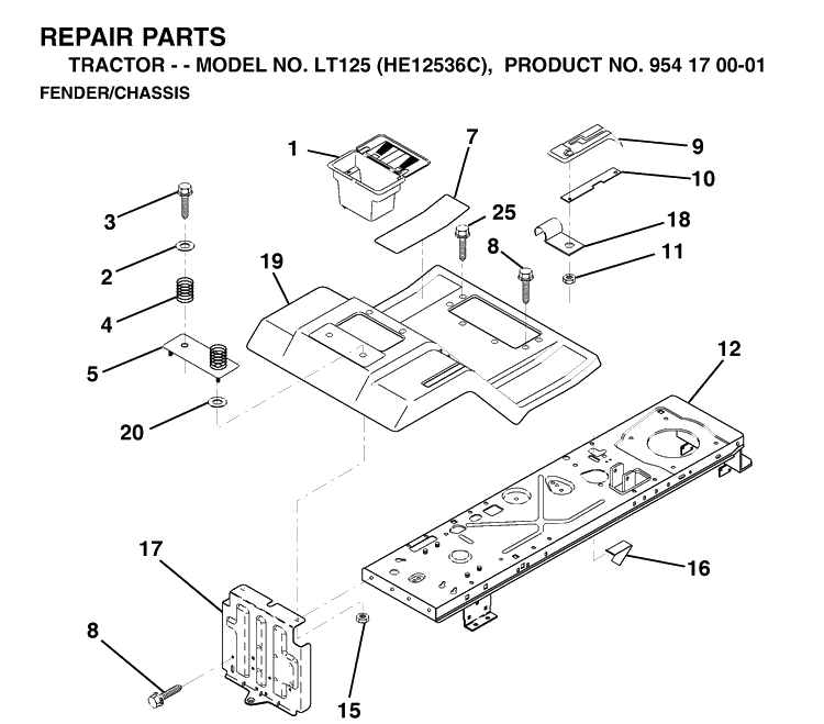 Chassis / Frame Diagram and Parts List for LT125 (HE12536C)(1998-03) Husqvarna Lawn Tractor