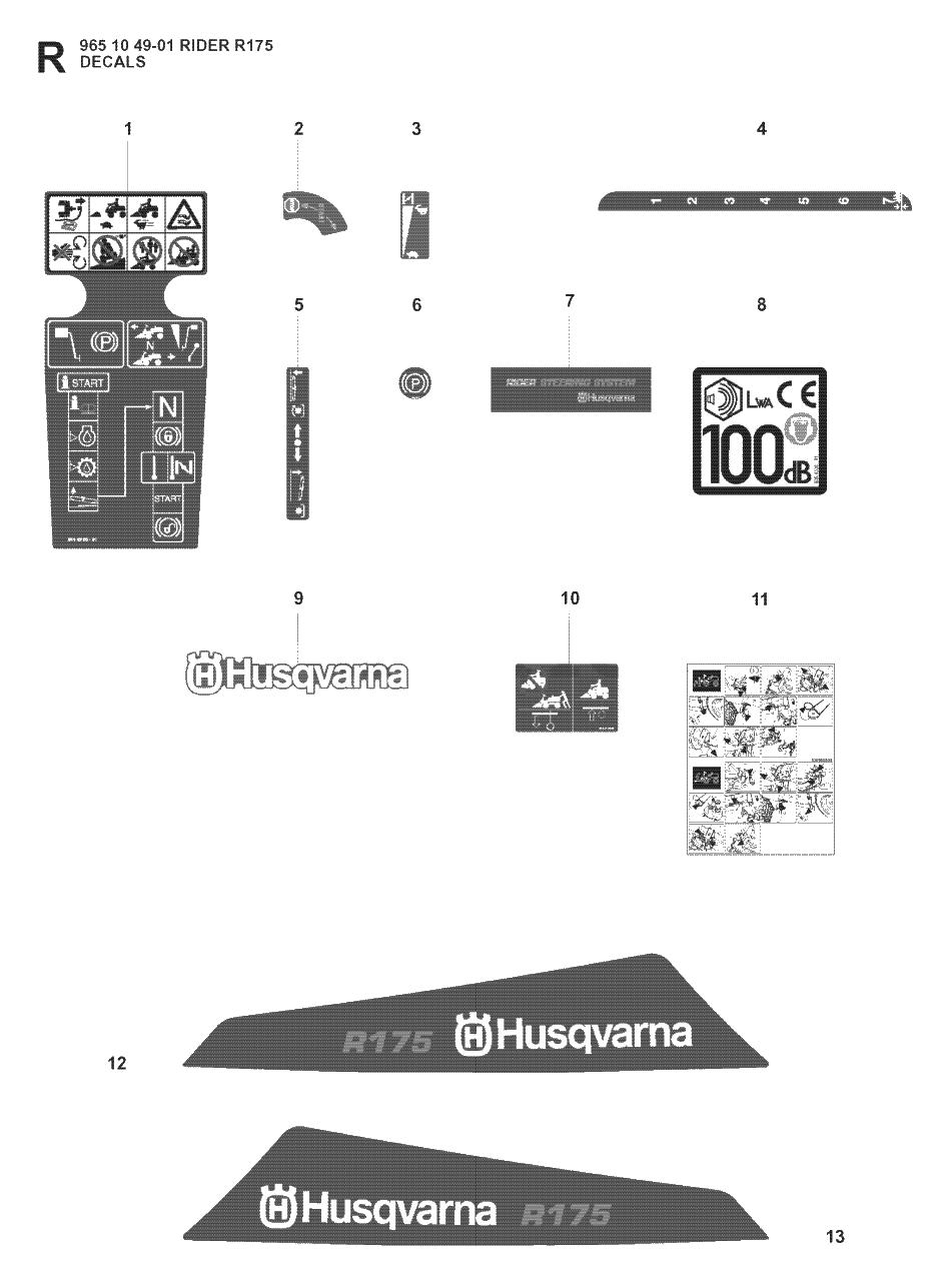 Decals Diagram and Parts List for R175 (965104901)(2008-06) Husqvarna Lawn Tractor