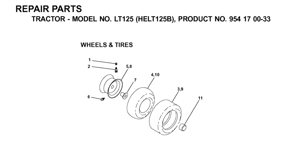 Wheels And Tires Diagram and Parts List for LT125 (954170033-B)(2001-03) Husqvarna Lawn Tractor