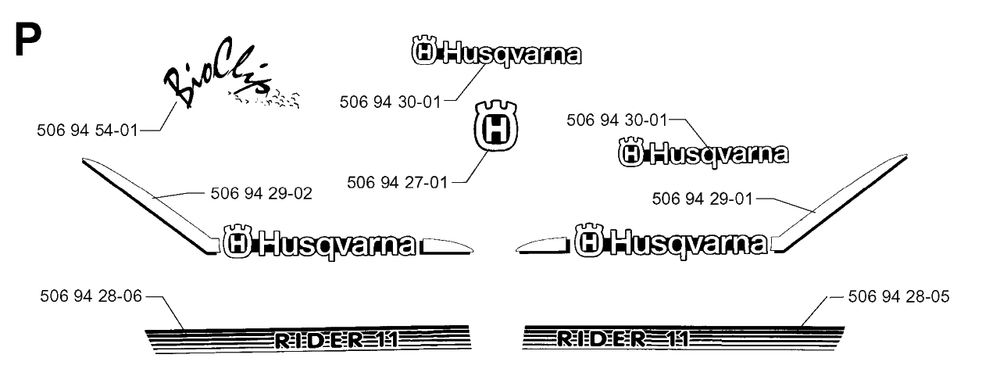 Decals Diagram and Parts List for R11BIO 1999-04 Husqvarna Lawn Tractor