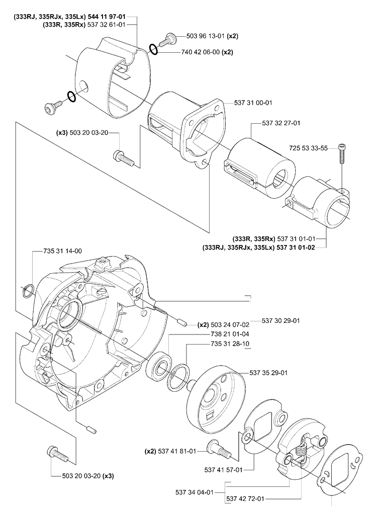 Clutch / Drum / Housing Diagram and Parts List for 335RJX 2006-05 Husqvarna Trimmer