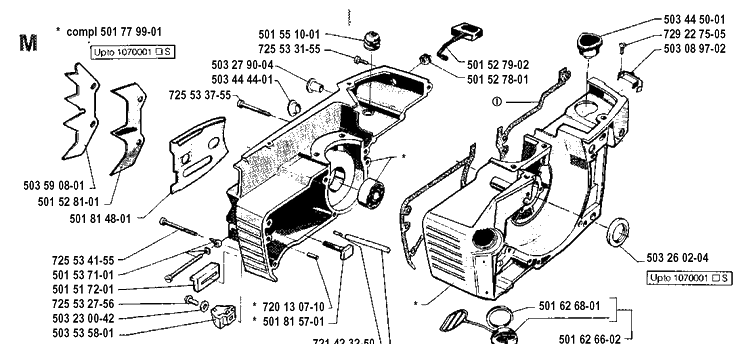 Crankcase Diagram and Parts List for 61 19910900001-19933600000 Husqvarna Chainsaw