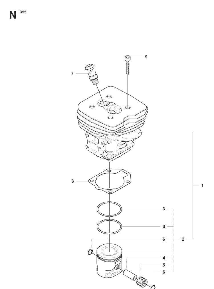 Cylinder Piston Diagram and Parts List for 355FXT 20073100001-20082700000 Husqvarna Brush Cutter