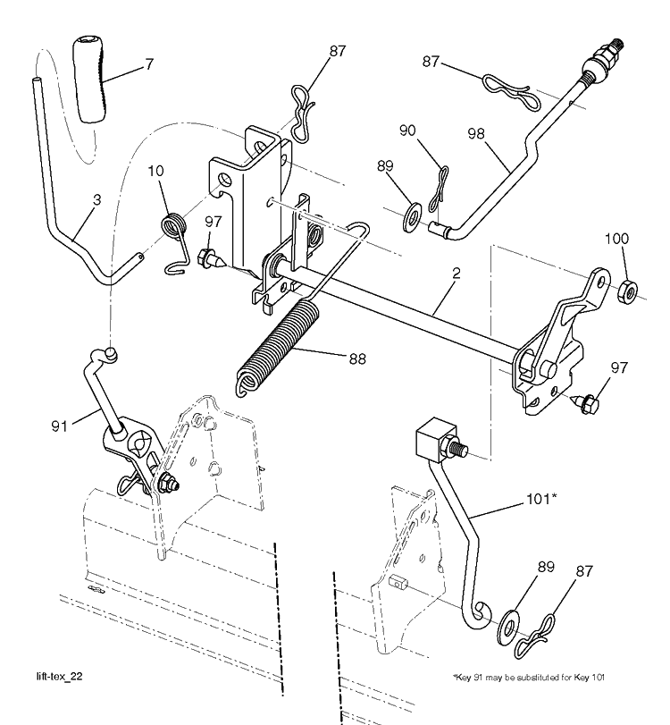 Mower Lift Lever Diagram and Parts List for YTH22V46 (96043010101)(2010-07) Husqvarna Lawn Tractor