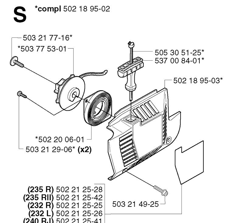 Starter Diagram and Parts List for 235R 20023500001-20060100000 Husqvarna Brush Cutter