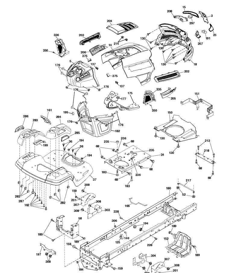 Chassis And Enclosures Diagram and Parts List for TS243T (96041041300)(2017-10) Husqvarna Lawn Tractor