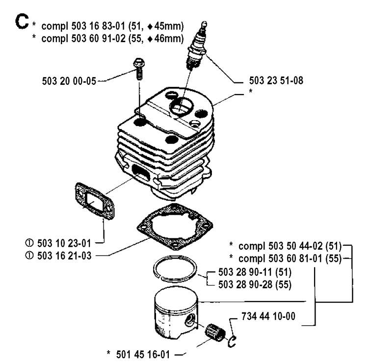 Cylinder Piston Diagram and Parts List for 55 19900100001-19914000000 Husqvarna Chainsaw