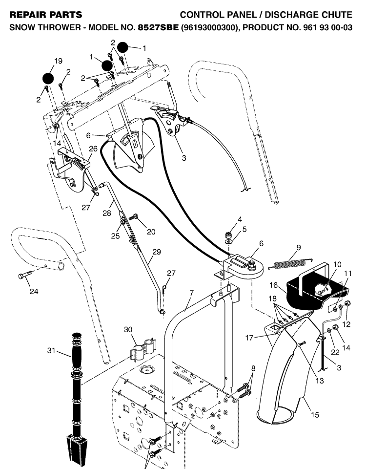 Control Panel And Discharge Chute Diagram and Parts List for 8527SBE (927SBE)(2006-05) Husqvarna Snow Blower