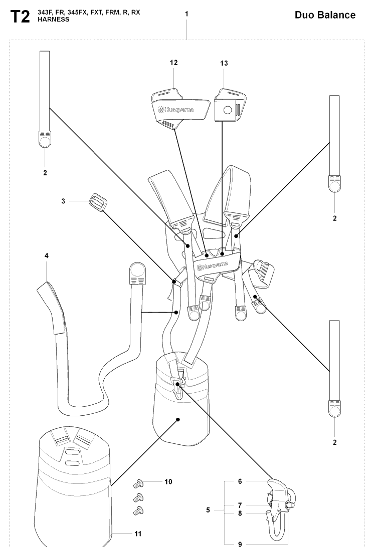 Harness 2 Diagram and Parts List for 343FRM  Husqvarna Brush Cutter