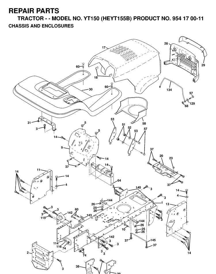 Chassis And Enclosures Diagram and Parts List for YT150 (HEYT155B)(1998-12) Husqvarna Lawn Tractor