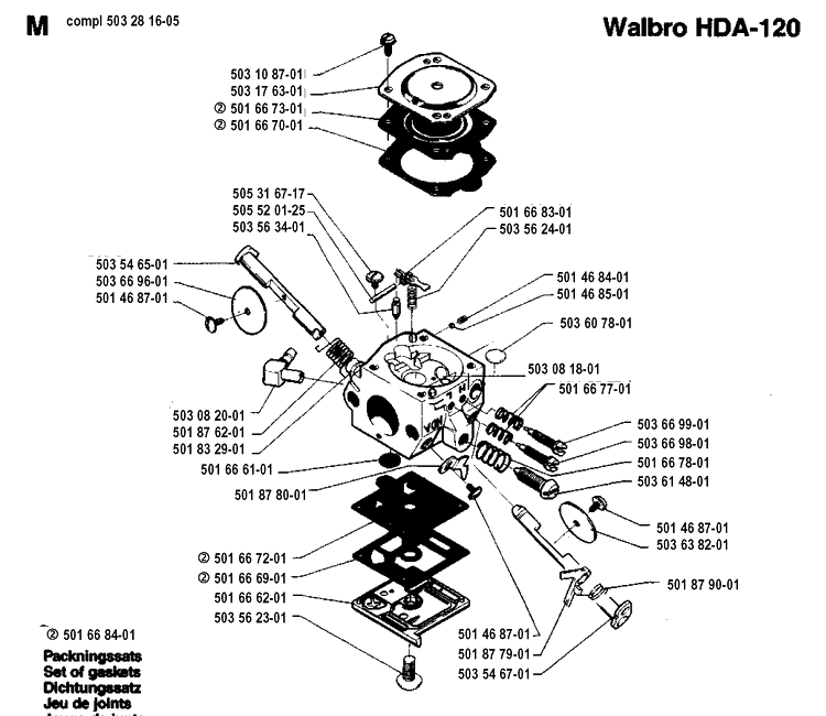 Carburetor Details Diagram and Parts List for 257 19942300001-19960100000 Husqvarna Chainsaw