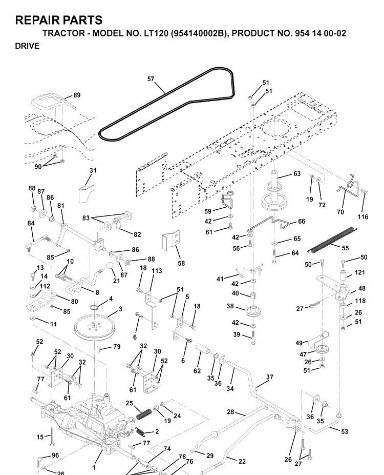 Drive Diagram and Parts List for LT120 (954140002B)(1997-01) Husqvarna Lawn Tractor
