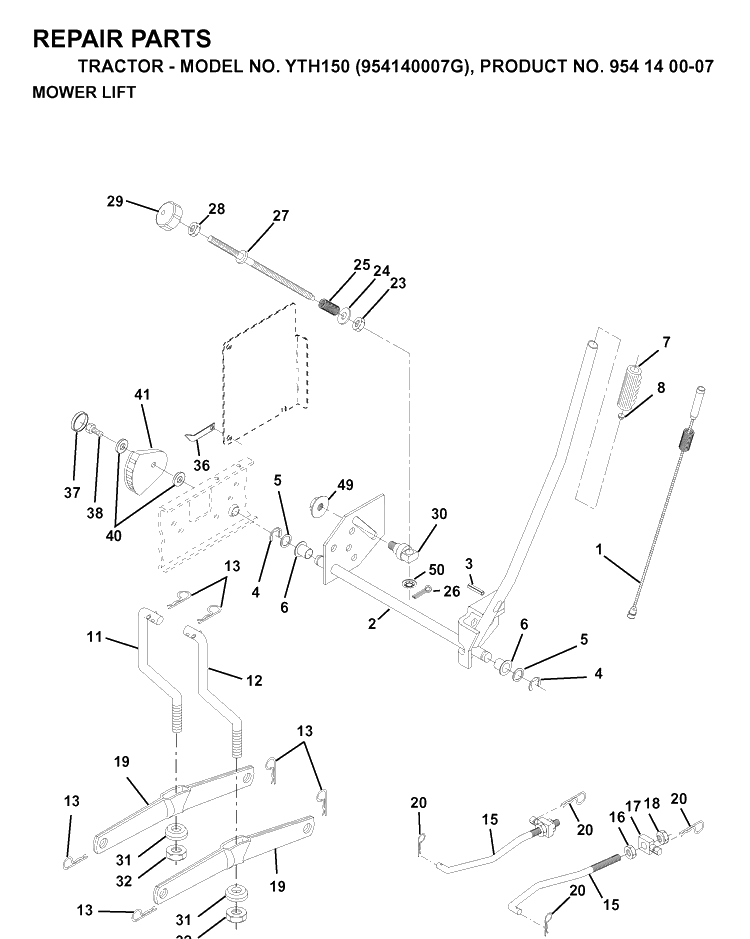 Mower Lift / Deck Lift Diagram and Parts List for YTH150 (954140007G)(1998-09) Husqvarna Lawn Tractor