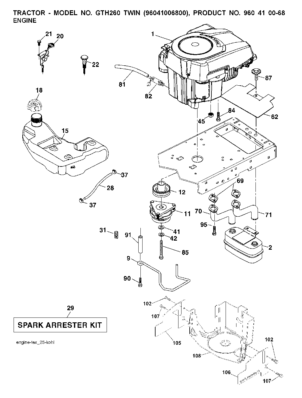 Engine Diagram and Parts List for GTH260TWIN (96041006800)(2008-01) Husqvarna Lawn Tractor