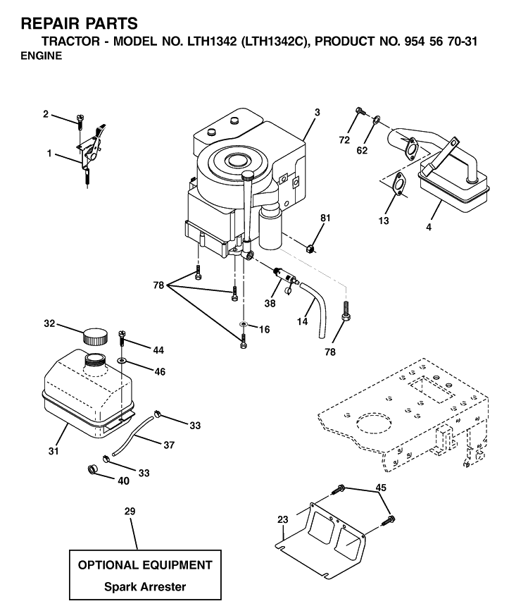 Engine Diagram and Parts List for LTH1342-LTH1342C 2001-11 Husqvarna Lawn Tractor