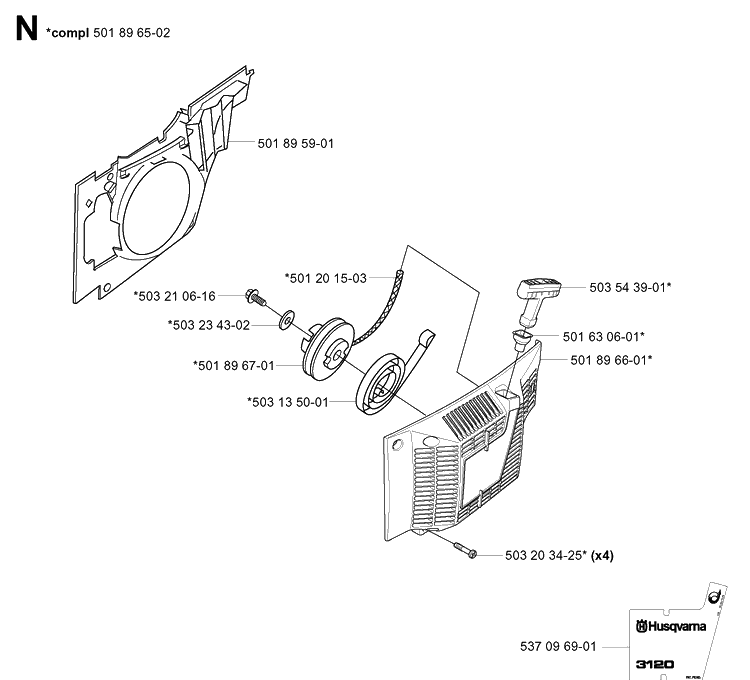 Starter Diagram and Parts List for 3120 20013500001-Current Husqvarna Chainsaw