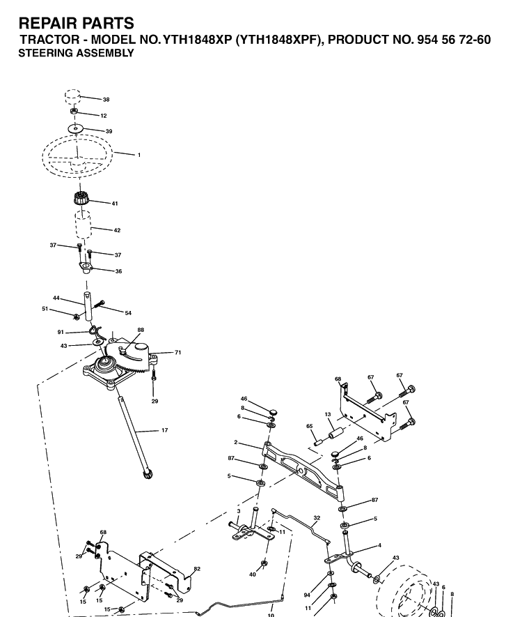 Steering Diagram and Parts List for YTH1848XP (954567260)(2003-06) Husqvarna Lawn Tractor