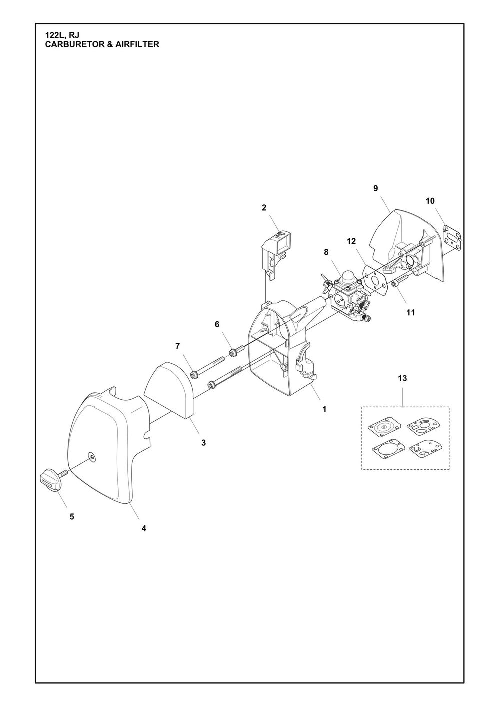 Carburetor And Air Filter Diagram and Parts List for 122RJ  Husqvarna Brush Cutter