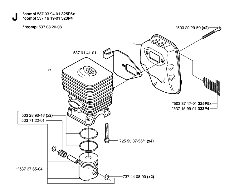 Cylinder, Piston And Muffler Diagram and Parts List for 323P 20062700001-Current Husqvarna Pole Saw