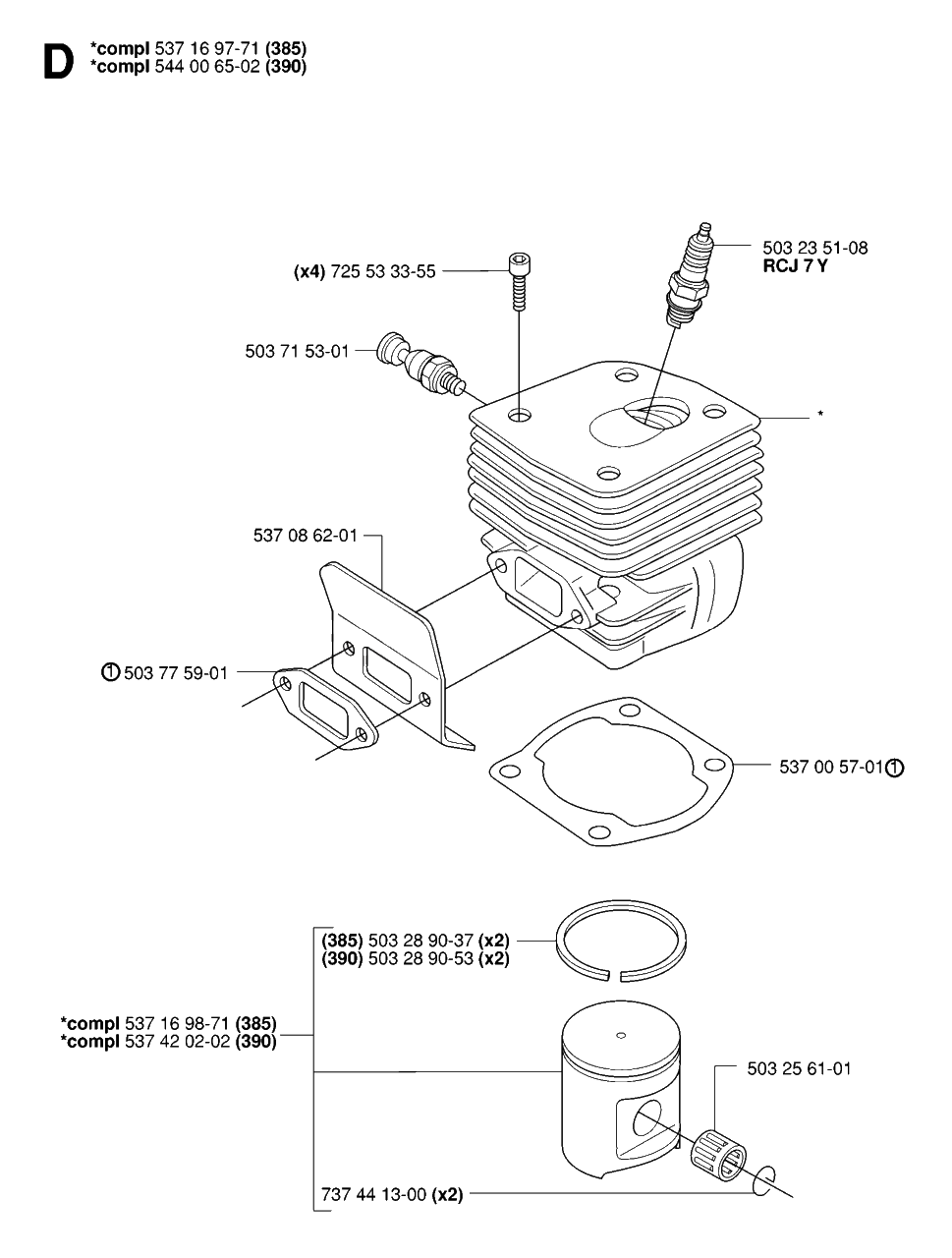Cylinder Piston Diagram and Parts List for 390XP-XPG-XPW 20064000001 & Above Husqvarna Chainsaw